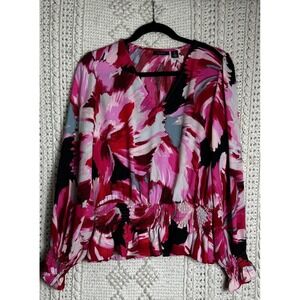 Halogen Women's Pink Floral Long Sleeve V-Neck Blouse‎ Gathered Waist Sleeve Med